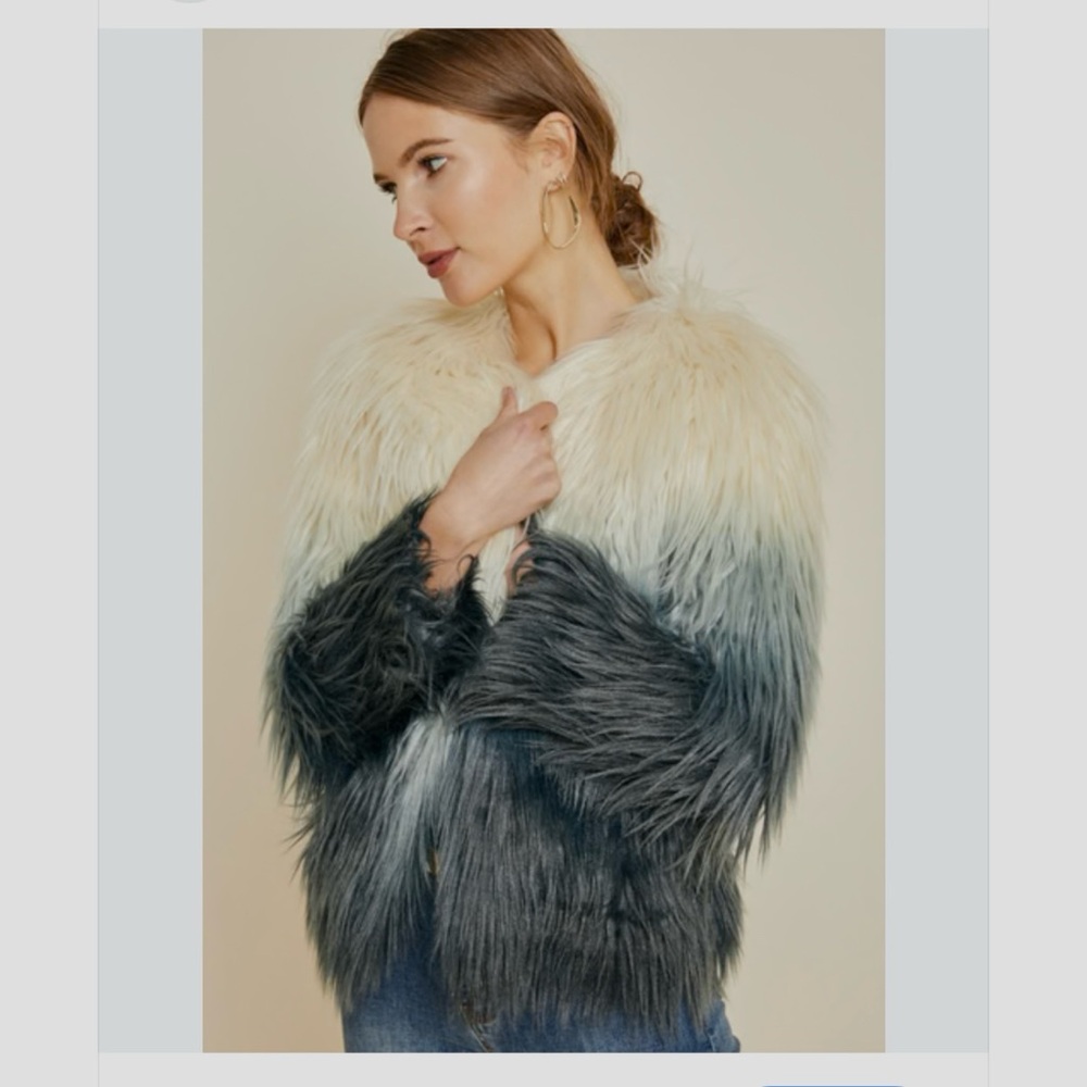 Hayden Cream and Teal-Green Ombre Teddy Jacket Shaggy Faux Fur Ombre Coat
